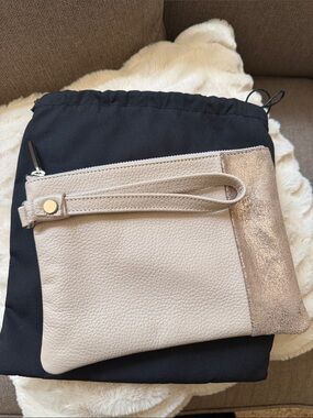Laudi Vidni Leather Wristlet Clutch in Light Beige with Metallic Accent